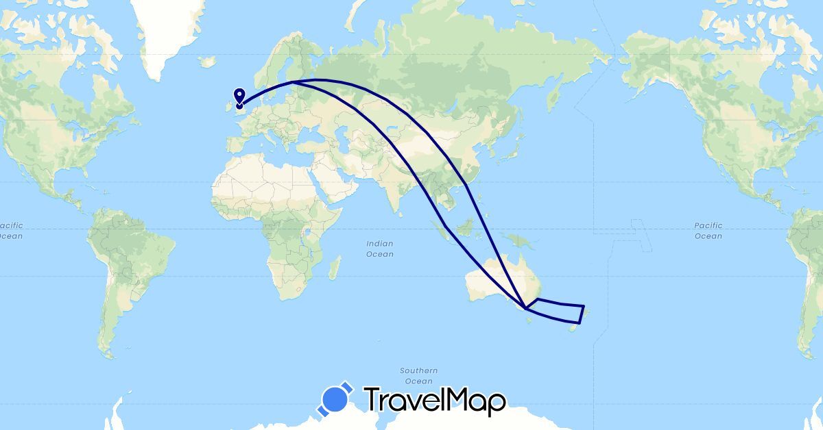 TravelMap itinerary: driving in Australia, China, Finland, United Kingdom, New Zealand, Singapore (Asia, Europe, Oceania)